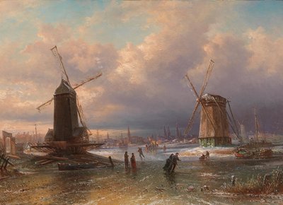 Winter Pleasures on the Ice Outside a Dutch Town by Elias van Bommel